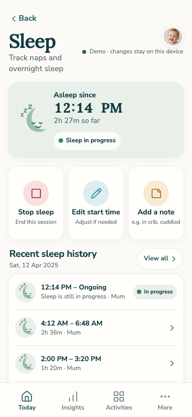 Chur Sleep screen with a sample active timer and recent sleep records.