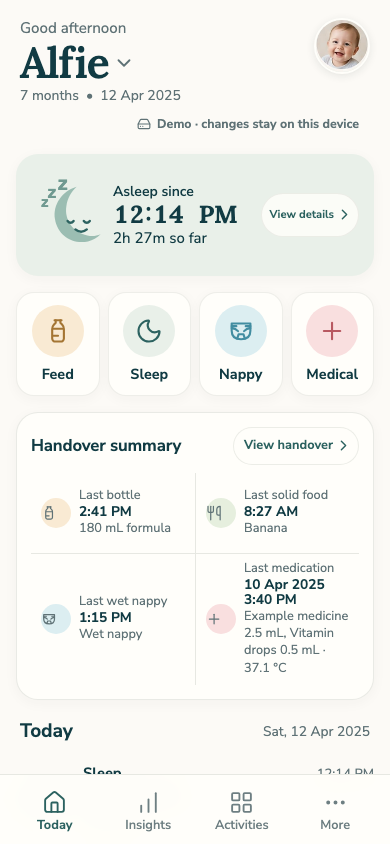 Chur Today screen showing a synthetic baby's sleep status, quick logging buttons and recent care.